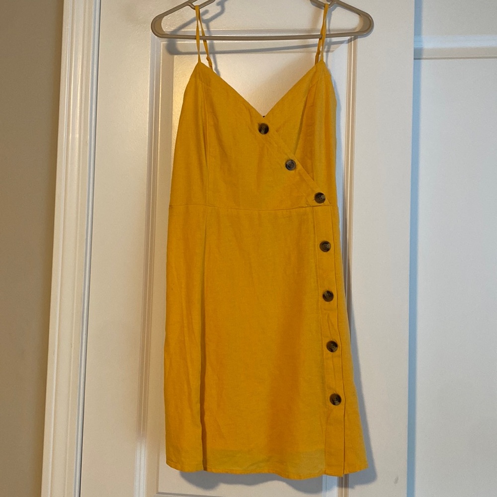 American Eagle sunflower yellow mini dress with button detail.